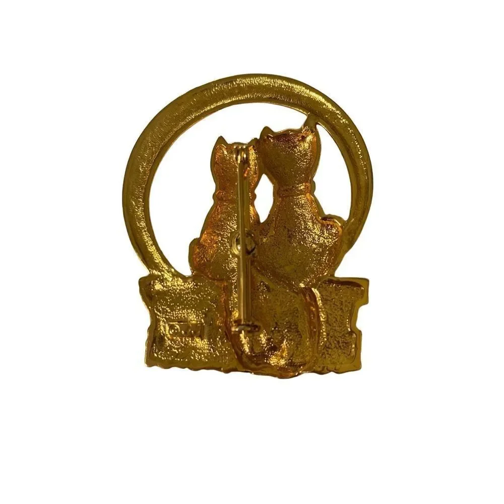 Vintage, JJ moonlight cats holding tails, gold tone, brooch/pin 2 1/4 inch